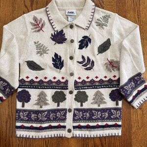 Northern Reflections Vintage Cardigan Sweater Cream Purple Leaves Size Small